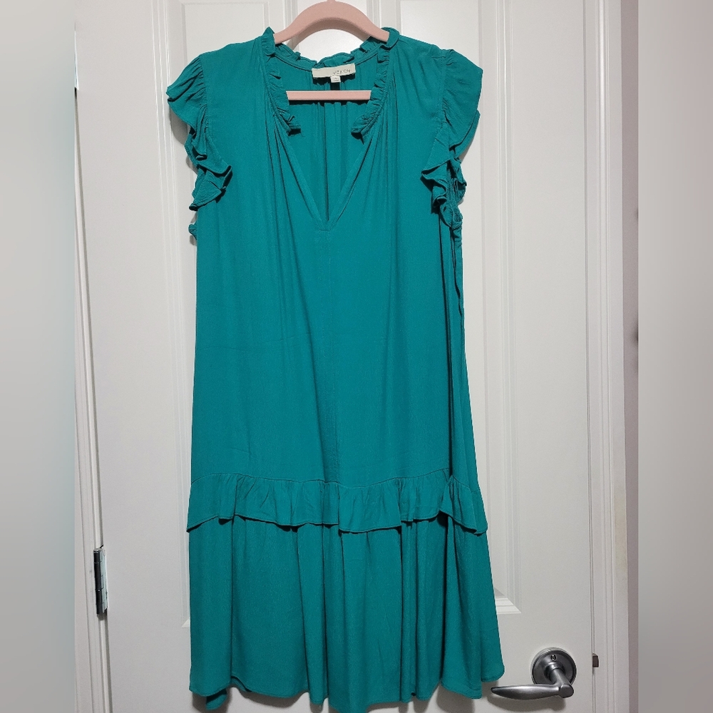 Pinch Green and Blue Flutter Sleeve V-Neck Mini Dress